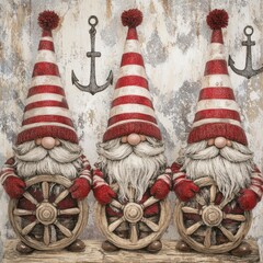 Three gnomes wearing red and white striped hats, holding a candy, standing in front of a gingerbread home background, in a winter theme