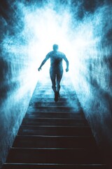 Fototapeta premium A person running up a staircase toward a bright future, symbolizing the upward journey of determination.