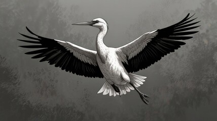 Obraz premium Elegant white crane in flight, wings spread wide against a muted grey background.