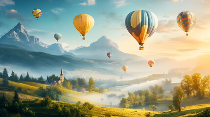 Fototapeta premium Colorful hot air balloons soar over a misty mountain valley at sunrise, showcasing a picturesque landscape with a church steeple and rolling hills.