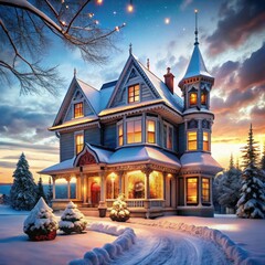 Fototapeta premium A house decorated for christmas with lights and snow