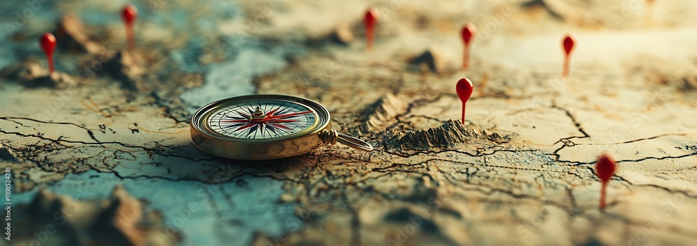 Poster a detailed map featuring a compass and red markers, suggesting navigation and exploration in a vast 