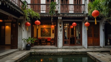 Traditional Asian courtyard with red lanterns, plants, and a reflecting pool.