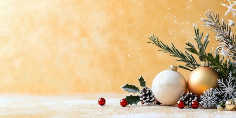 Minimalist Christmas Background with Gold and White Baubles, Snow-Covered Pinecones, Red Berries, Greenery, and Snowflakes on Beige Surface with copy space. 