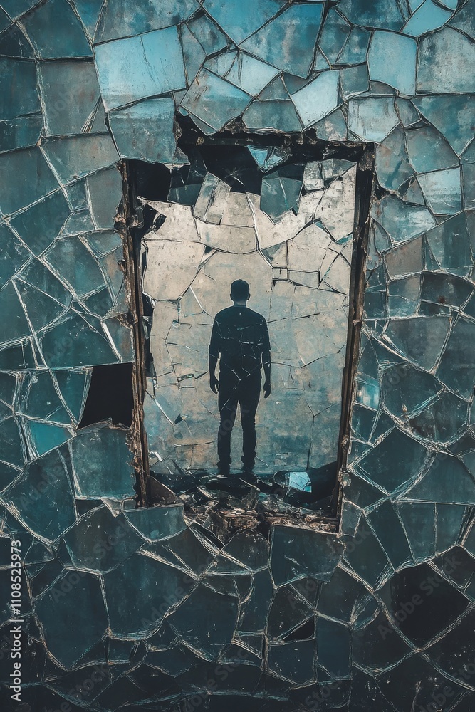 Canvas Prints a shattered mirror with a figure standing tall in the reflection, representing overcoming self-doubt