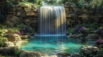 Naklejka premium Mystic Waterfall: A cascading waterfall that glows with magical energy, pouring into a crystal-clear pool surrounded by ancient stones.
