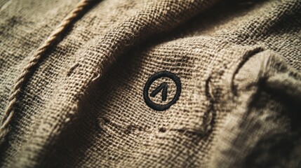 Closeup of Brown Burlap Fabric with Embroidered Logo