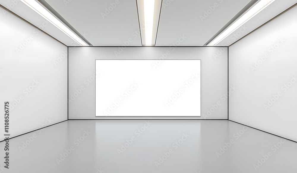 Poster a minimalist gallery space featuring clean lines, white walls, and a bright, empty canvas for artist