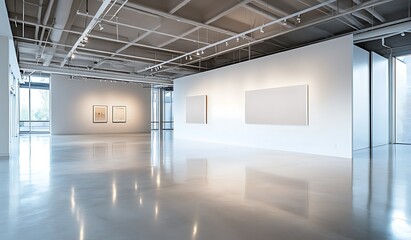 Obraz premium A modern art gallery featuring minimalistic design, bright lighting, and polished floors, showcasing abstract artwork on white walls.