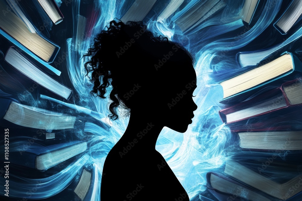 Canvas Prints a silhouette of a student with swirling books, representing the determination to learn and grow.