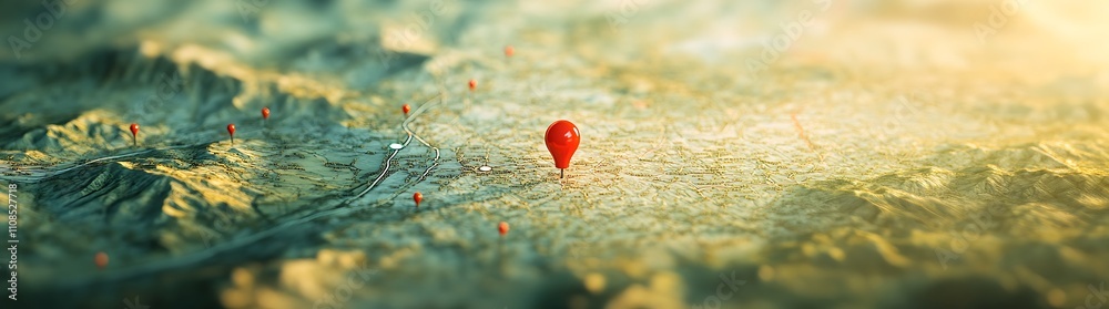 Poster A vibrant red location pin stands out against a textured landscape, symbolizing navigation and mapping in a digital context.