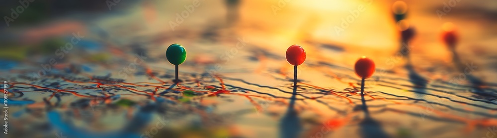 Poster a close-up of a map with colorful pins marking locations, illuminated by warm sunlight, creating an 