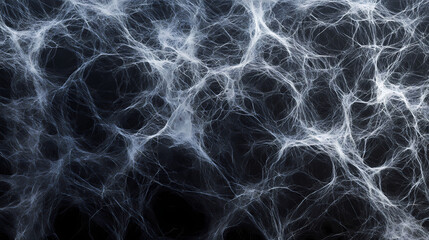 Seamless pattern ethereal web of shadows: an intricate spiderweb, frozen in time, casts a ghostly presence against a stark black background. Gossamer. Illustration