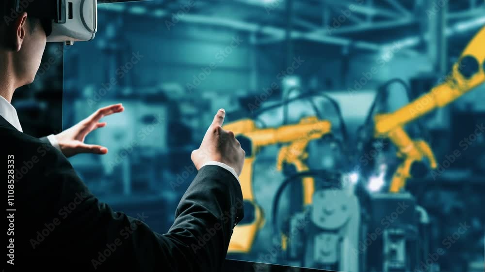 Poster engineer use cybernated robotic software to control industry robot arm in factory . automation manuf