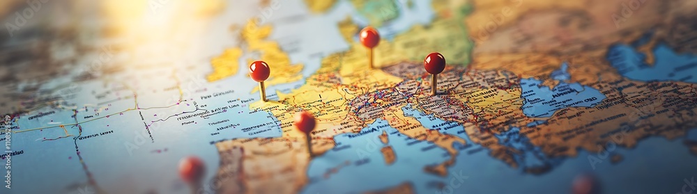 Poster a detailed map of europe with red pushpins marking specific locations, highlighting important destin