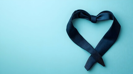 Dark blue necktie shaped as heart on light blue background.