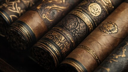 A close-up of several cigars displayed with intricate detailing on their wrappers, emphasizing craftsmanship and tradition