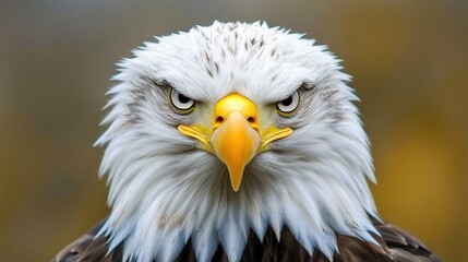 Obraz premium A close-up portrait of a bald eagle with a sharp, intense gaze, set against a dramatic natural backdrop, representing strength and resilience