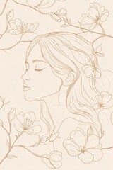 A minimal single line art of a woman framed by delicate peach blossoms, representing new beginnings and beauty, hand-drawn style minimalist line art, beige colors and soft peach tones