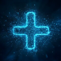 Fototapeta premium A virtual blue plus sign symbolizing medical health and healthcare insurance, representing the concept of health coverage and medical services.