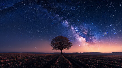 Lone Tree and Milky Way: A lone tree standing tall in a vast field, with the Milky Way stretching out above it, creating a stunning and awe-inspiring night sky view.