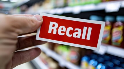 Hand holding a "Recall" sticker on a packaged food item, highlighting the importance of food safety and consumer protection in product management.	