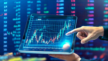 Woman hand holding digital tablet and pointing at display stock market data with graph and chart