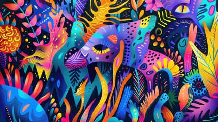 Obraz premium A vibrant, abstract jungle scene filled with colorful plants and animals.