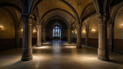 Obraz premium Grand Gothic hall with stone columns, arched ceilings, and stained glass window.