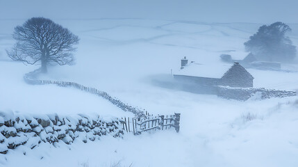 A snowy landscape with a house and a tree