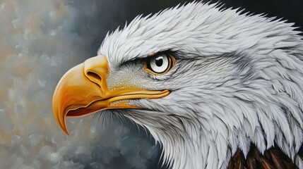Obraz premium A majestic bald eagle's head captured in stunning detail, its piercing eyes and white feathers symbolizing freedom and power