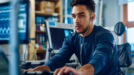 A male patient on a bicycle ergometer stress test: Athlete undergoing a cardiac stress test in a medical study, monitored by a doctor.