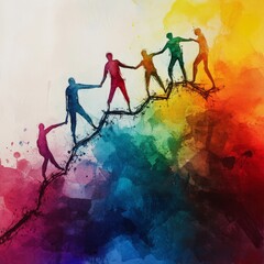 Naklejka premium A group of people are holding hands and climbing a rainbow colored hill. The people are spread out and are of different heights