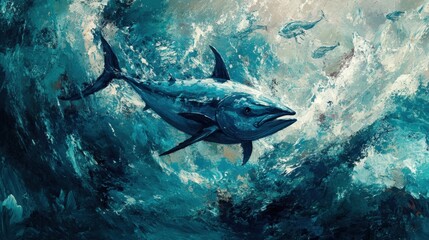 Fototapeta premium A mesmerizing underwater view of tuna fish navigating the ocean currents, symbolizing marine wildlife and the balance of aquatic ecosystems