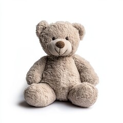 Obraz premium Adorable plush teddy bear sitting against a plain white backdrop, ideal for kids' toys and cozy nursery themes.