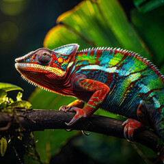 Obraz premium Vibrant Photorealistic Chameleon with Colorful Scales