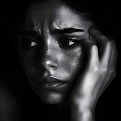 Fototapeta premium A woman deep in thought, her expression revealing the weight of depression and anxiety.