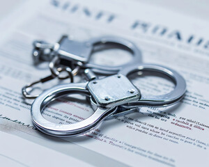 A close-up view of handcuffs on a document, symbolizing law enforcement and justice system.