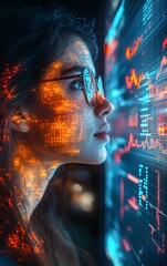  Futuristic hologram displaying financial data with a person analyzing charts, emphasizing global trading and cryptocurrency investments 