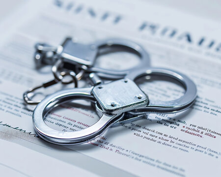 A close-up view of handcuffs on a document, symbolizing law enforcement and justice system.