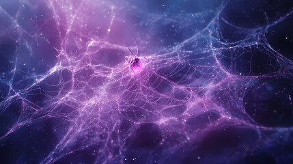 Ethereal spider web intricately illuminated in mysterious dark cave environment. Gossamer. Illustration