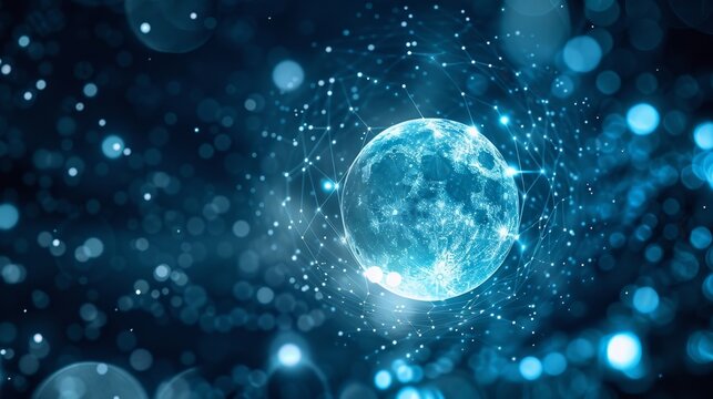 A bright full moon is blocked by a perfect circle of blockchain currency signifying a new phase in the way we think about and utilize money.