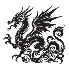 Fototapeta premium Chinese dragon silhouette. Traditional mythological creature of East Asia. Tattoo Celestial feng shui animal. Side view. Graphic style vector illustration