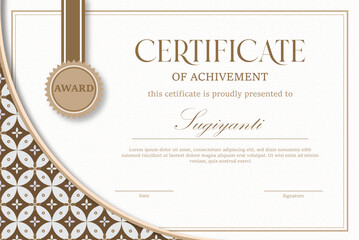 Elegant Certificate Template with Indonesian Batik Geometric Ethnic Pattern and Gold Medal