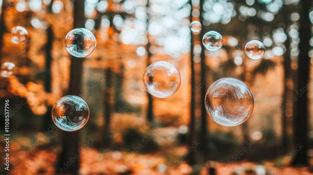 Poster Soap Bubbles Floating In An Autumn Forest