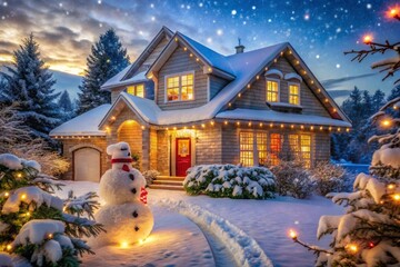 Naklejka premium A house covered in snow with christmas lights