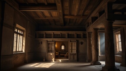 Fototapeta premium Sunlit interior of an old, empty wooden house with columns and high ceilings.