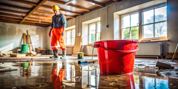 Water Damage Restoration Red Bucket in Flooded Room,Construction Worker,Shallow Depth of Field,Water Leak,Construction Accident Water Damage,Construction Safety