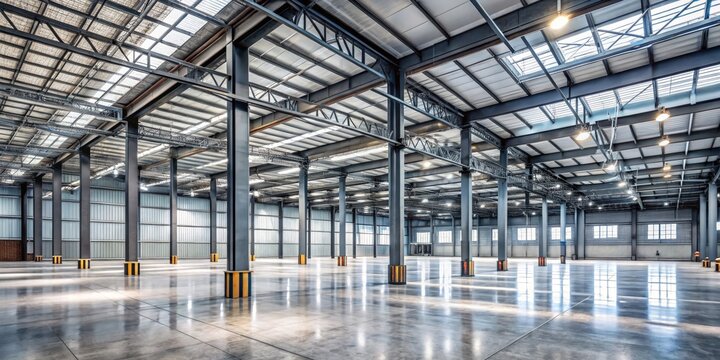Vast Empty Industrial Warehouse Interior Steel Structure, Polished Concrete Floor, Modern Design, Factory Space Warehouse, Industrial Architecture