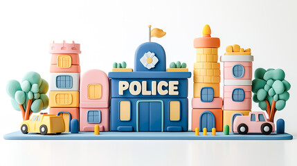 Naklejka premium カラフルな警察署がある町のイメージの3Dイラスト
